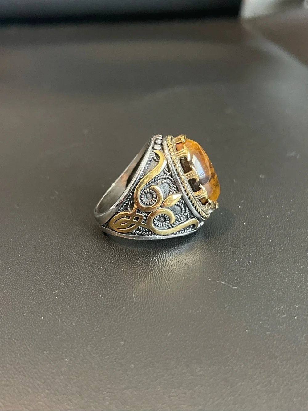 Men's Ornate Tiger Eye Statement Ring - Silver Tone